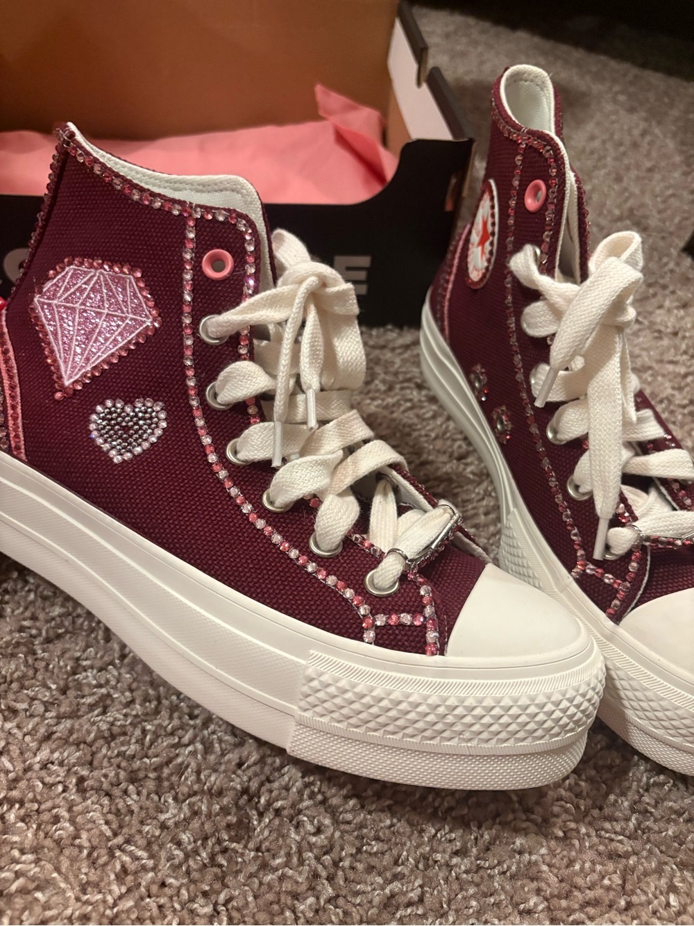 Platform High-Top Sneakers in Burgundy with Pink Crystal Accents